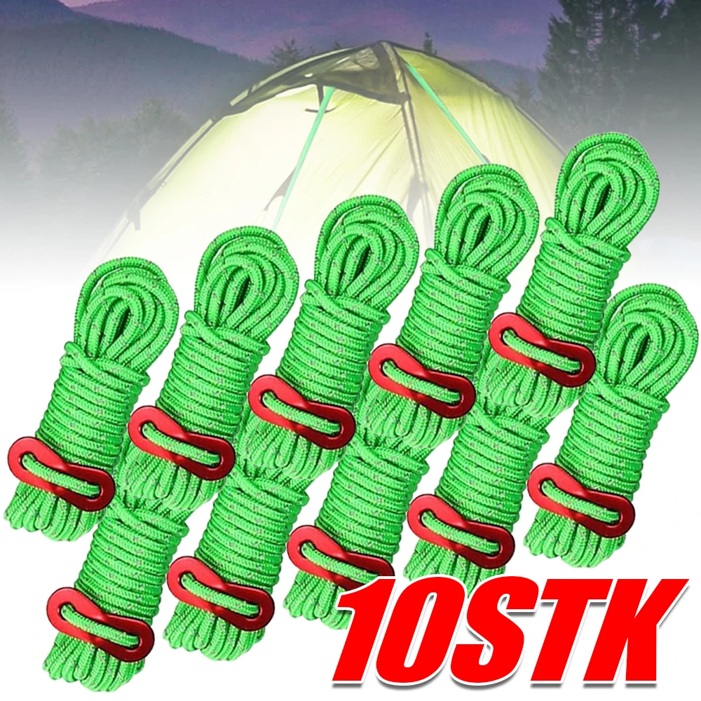 Un ensemble de cordes de tente, 10 pièces, avec bandes réfléchissantes, ajusteur de tension et piquets de tente d'extérieur, adaptés au camping, à la randonnée et aux tentes pare-soleil.