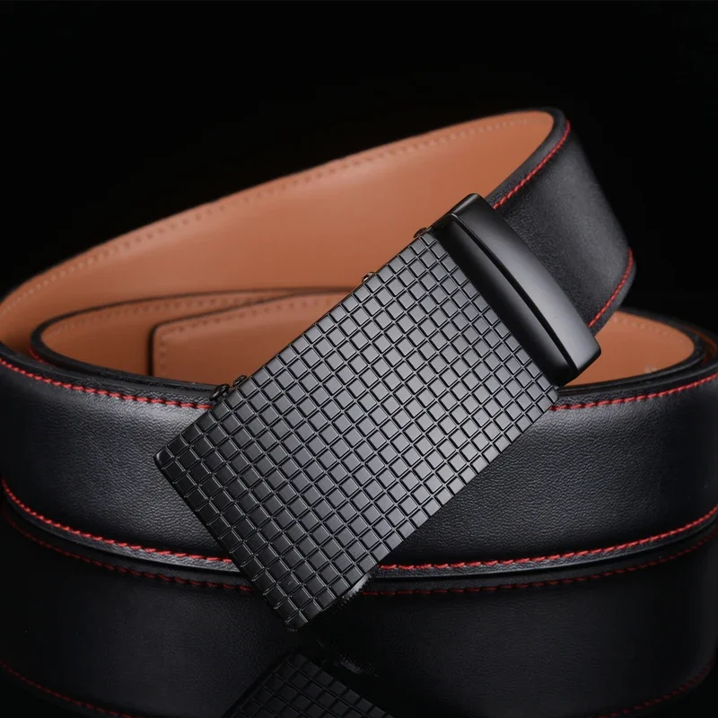 

Plyesxale 2024 Mens Belts Luxury Brand Cowskin Genuine Leather Belts Men High Quality Black Plaid Automatic Buckle For Men G2