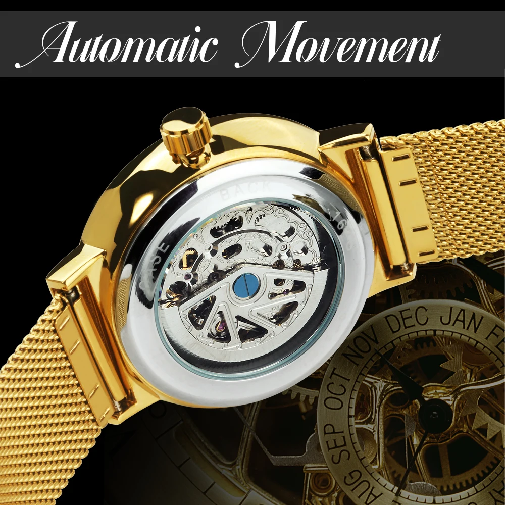 Fashion WINNER Mens Luminous Hands Engraved Movement Minimalist Tourbillon Automatic Mechanical Watches Mesh Steel Watch