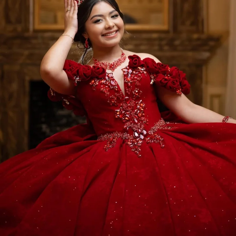 

Shiny Red Quinceanera Dresses Off the Shoulder Sequin Decal Flower Crystal Long tail Bow Vestido De 15 Quinceanera Customize