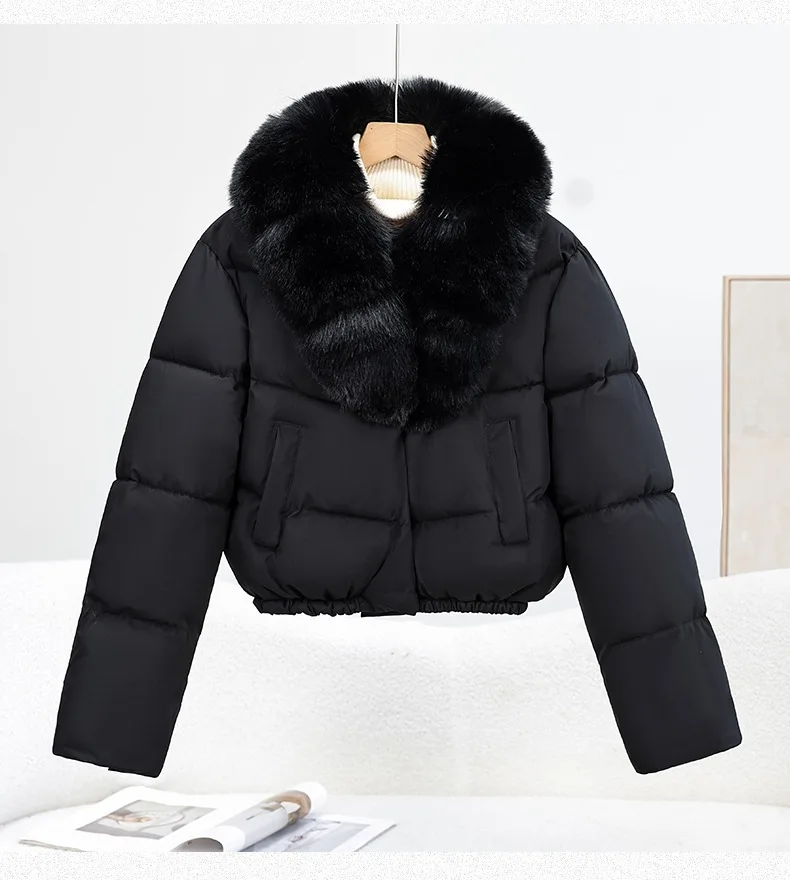 Korean Trend 2026 Winter New Women's Solid Color Short Down Cotton Jacket Simple V-neck Fashion Loose Fur Collar Jacket