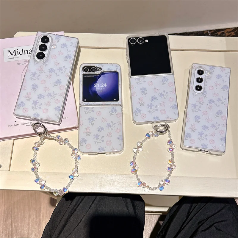 Phone Case For Samsung Galaxy Z Flip 7 FE 6 3 4 5 Z Fold 4 5 6 7 Ins Blue Floral Flower Shockproof Cover