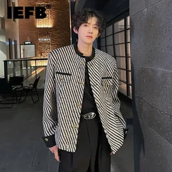 IEFB Korean Style Men's Woolen Coats Round Collar Striped Clothing Chic Single Breasted Loose Male Short Jackets Stylish 9C8092