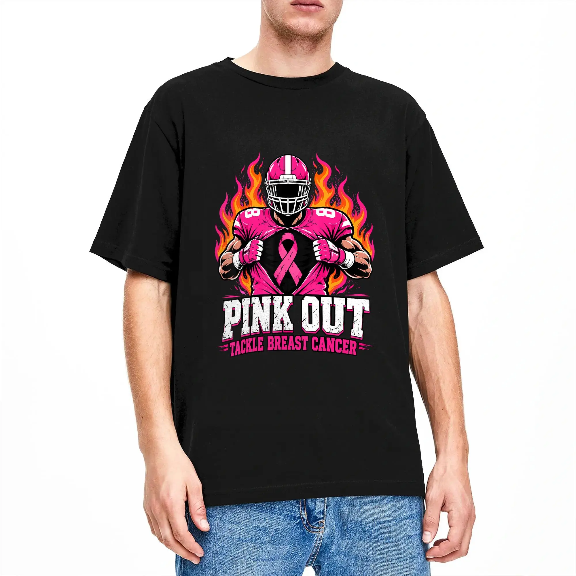 Creative Pink Out Tackle Breast Cancer Football T-Shirts Men Crew Neck Cotton T Shirts  Short Sleeve Tees Summer Clothing