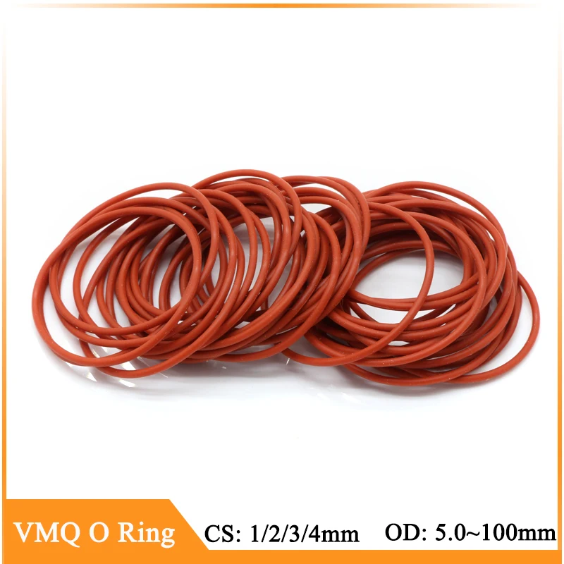 

50pcs Red VMQ O Ring Thickness CS 1/2/3/4mm OD 5~100mm Rubber Seal Rings Heat-Resistant Food Grade Silicone Gasket Seal Tool