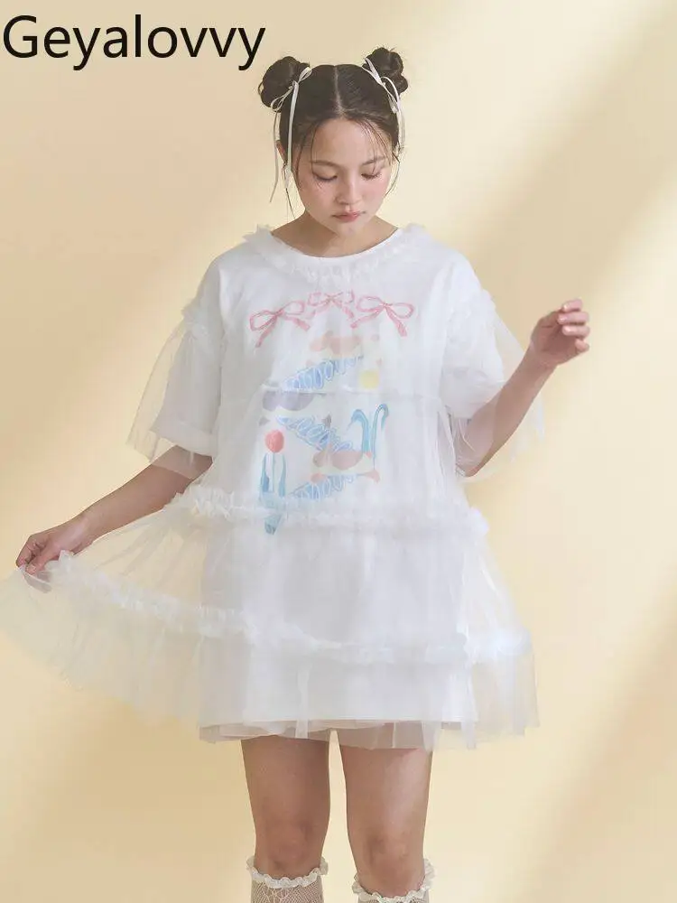 

Japanese Style 2026 Summer New Sweet Cute Sheer Mesh Lightweight Layering Cover-up Top Versatile Round Neck Short Sleeve Blouse