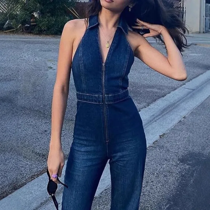 

Синие джинсовые комбинезоны, женские длинные брюки с высокой талией и застежкой-молнией, рабочая одежда, удобная посадка, летний сезон