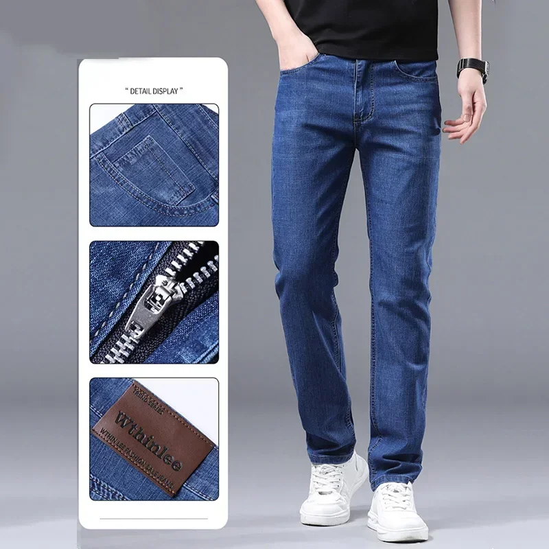 New Men Spring Autumn Straight Leg Business Jeans Trend Male Baggy Stretch Daily Casual Comfortable Black Gray Denim Trousers - view 5