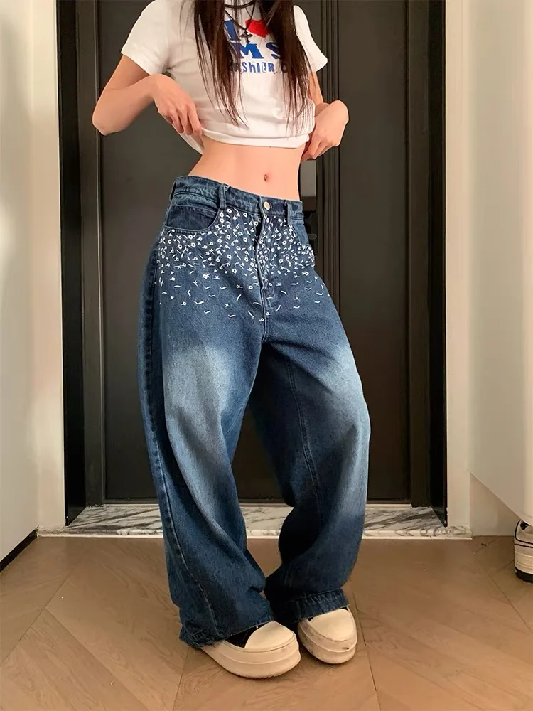 

Women's Blue Baggy Y2k Jeans Harajuku Denim Trousers Vintage Japanese 2000s Style Oversize High Waist Jean Pants Trashy Clothes
