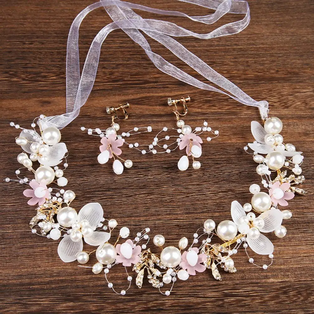 Exquisite Girls Headband Ribbon Lace-up Headpieces Headband Garland Flower Leaves Faux Pearls Decor Kids Princess Crown