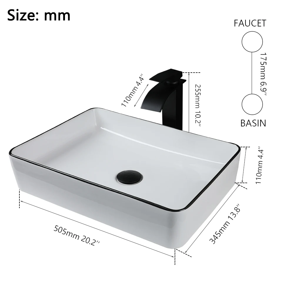 Torayvino Ceramic Rectangular Bathroom Basin Above Counter Porcelain Vessel Vanit with Black Sink Faucet Pop-up Drain Combo Kit