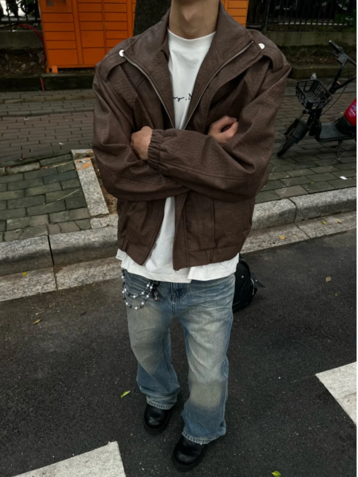 

Коричневая кожаная куртка с крокодиловым узором, мужская, весна-осень, американский ретро-стиль, новинка 2024 года, премиум-класс