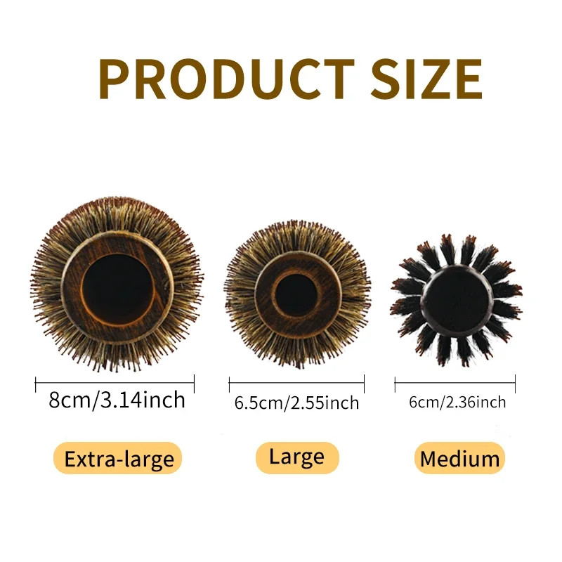 Professional Boar Bristle Round Hair Brush For Women Men Hair Styling Comb Hairdressing Wood Round Brush Barber Accessories