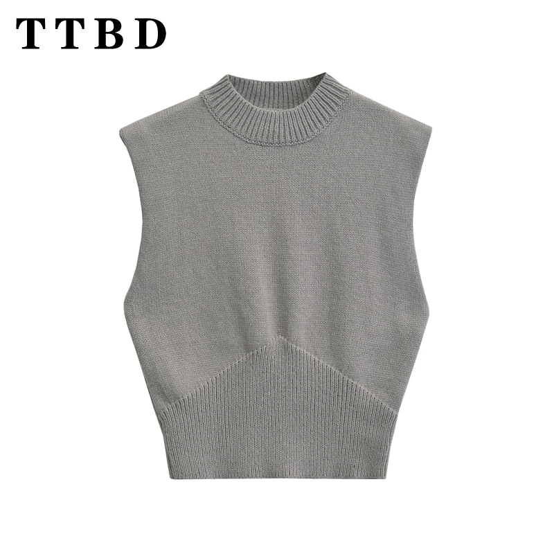 

TTBD 2024, новая женская осенняя модная вязаная майка без рукавов, жилет, женский зимний повседневный свитер, однотонный джемпер с круглым воротником