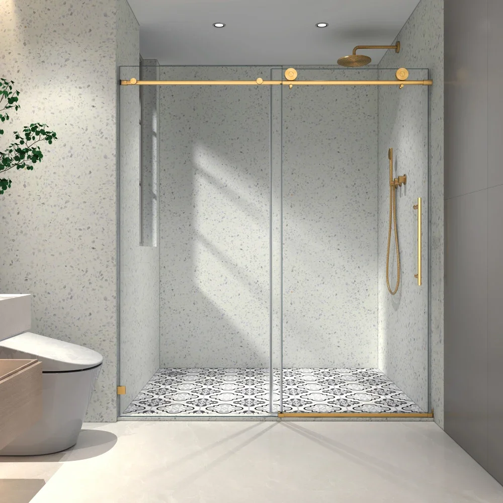 6076 Brushed Gold frameless one fixed and one shifted Shower Door,70MM 304 stainless steel large pulleys with adjustable