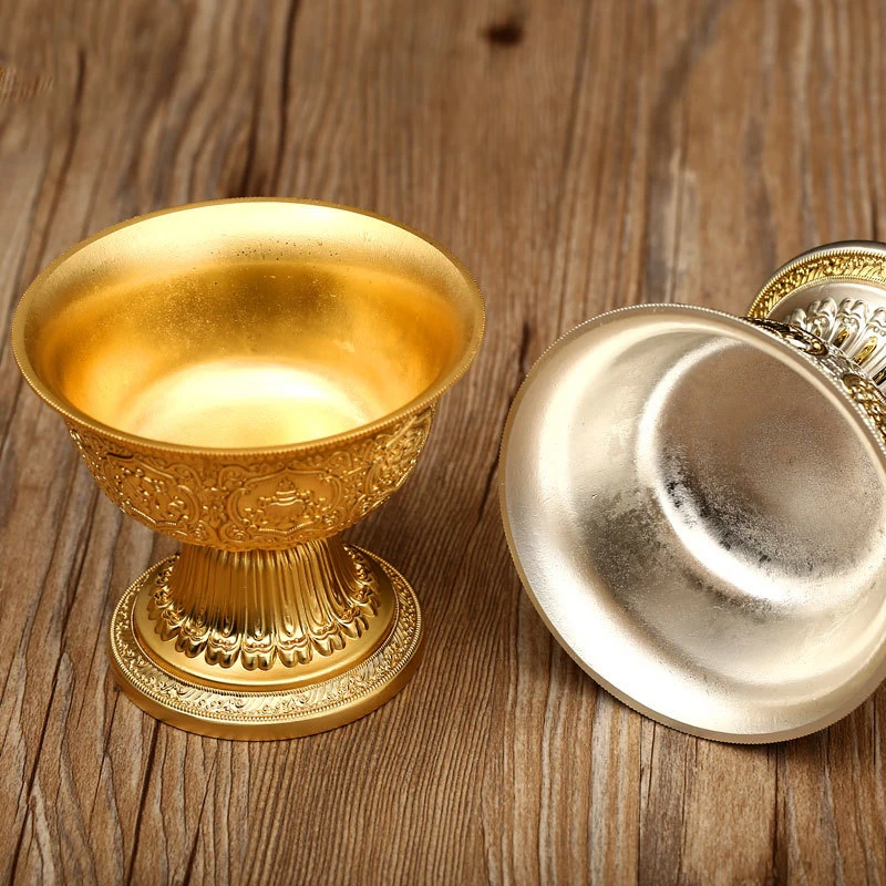 Bol Tibétain Artisanal en Alliage Gravé, Motifs Bouddhistes, pour Eau Sacrée et Offrements, avec les Huit Symboles Auspicieux