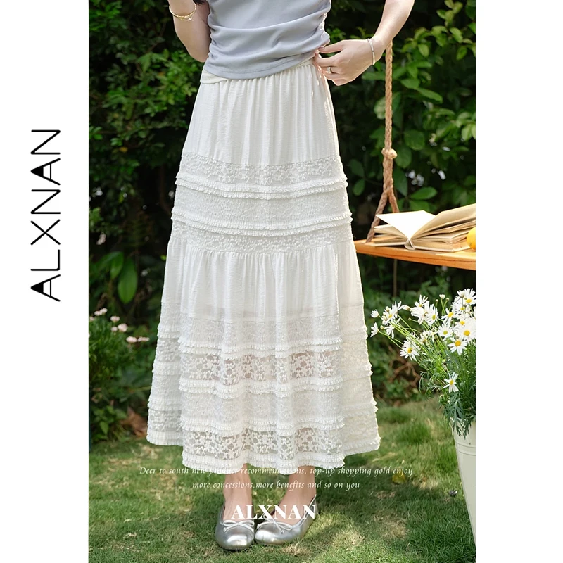 

ALXNAN Women's Lace Maxi Skirt Elastic Waist A-line Casual Summer French Style Long Skirts 2026 Elegant Female Clothes L65002