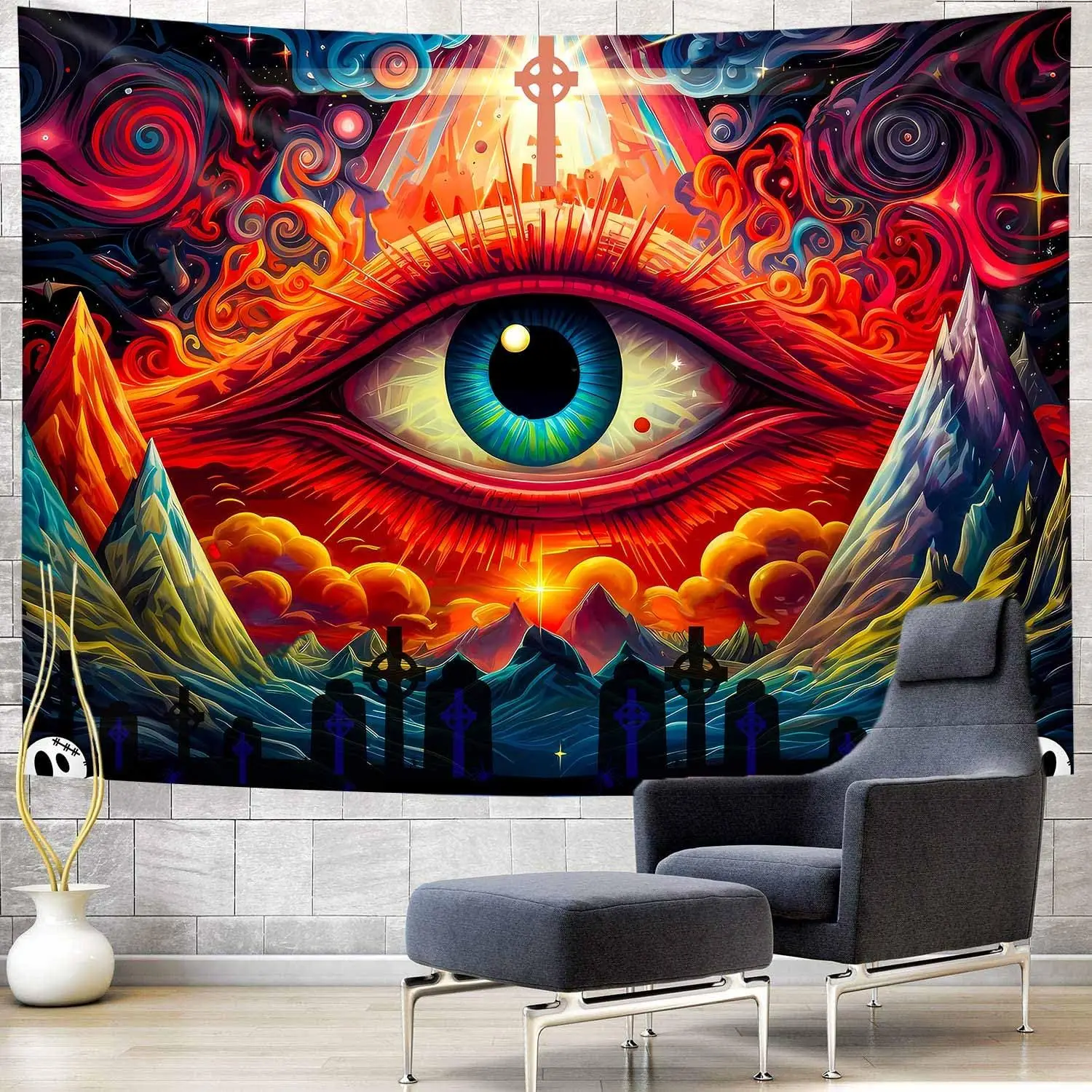 Simsant The Eye Of Providence Tapestry A Symbol Of Power The Eye Of The All-Seeing Cross Mountains Abstract Aesthetic Tapestry
