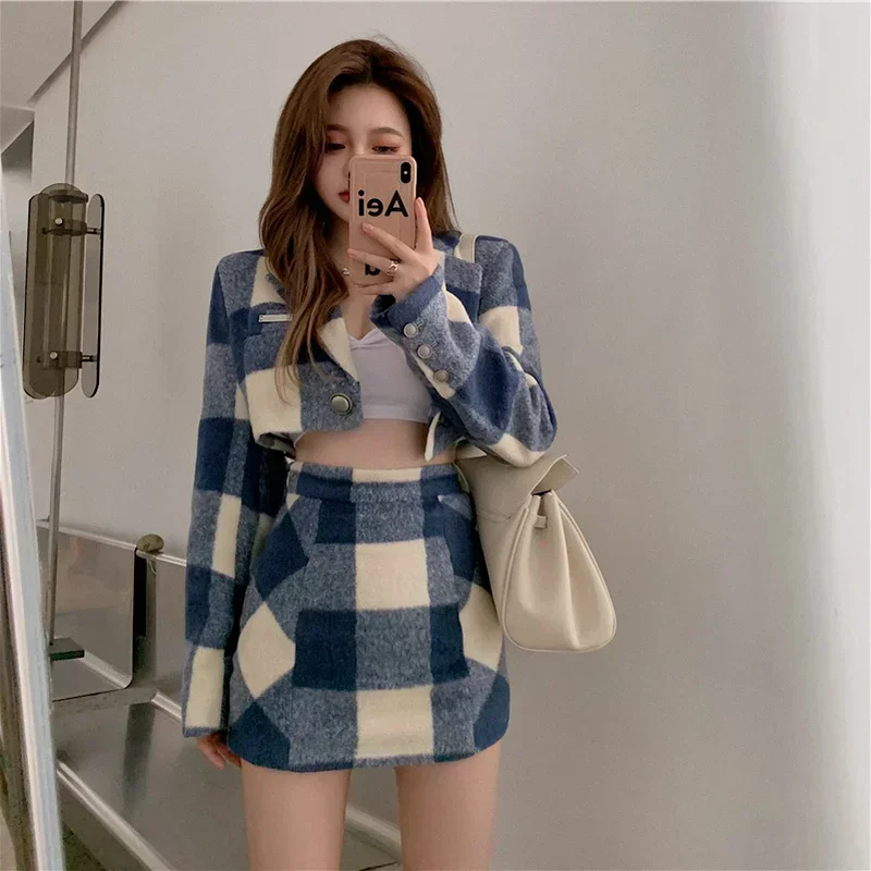 2023 Sweet Short Plaid Blazer Suit Two Piece Set Summer Women Woollen Casual Office Blazer Girl Chic Cute High Waist Skirt Suits