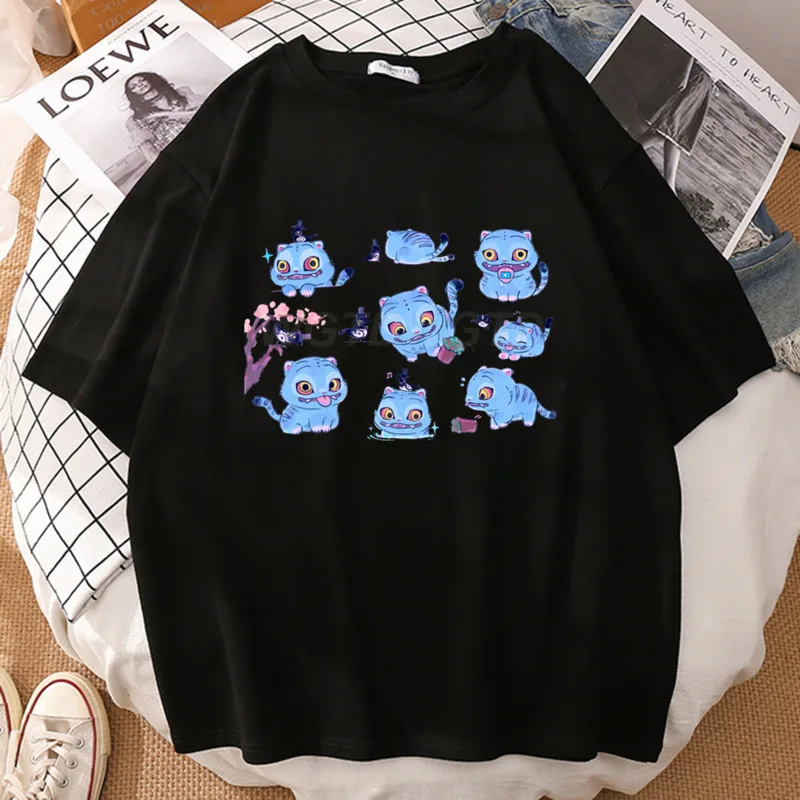 

Cat Tops&Tees Girls Summer Korean Harajuku Y2K KPOP Girl Group Peripheral Printed Casual Sports Top Loose O-neck Top Tee New
