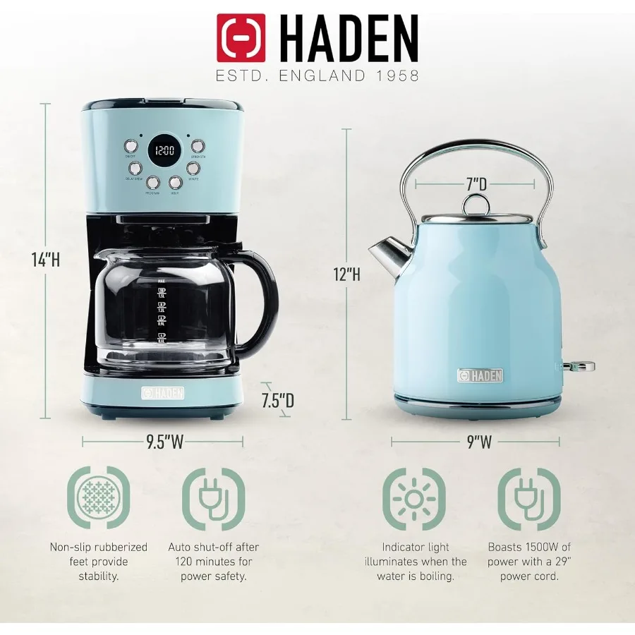 ماكينة صنع القهوة بالتنقيط سعة 12 كوبًا مع غلاية كهربائية من الفولاذ المقاوم للصدأ سعة 1.7 لتر باللون الفيروزي ولمسة نهائية من الكروم للمنزل والمكتب #4