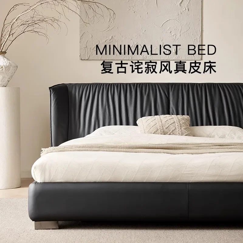French antique bed first layer cowhide Internet celebrity master bedroom large bed embedded black leather double bed