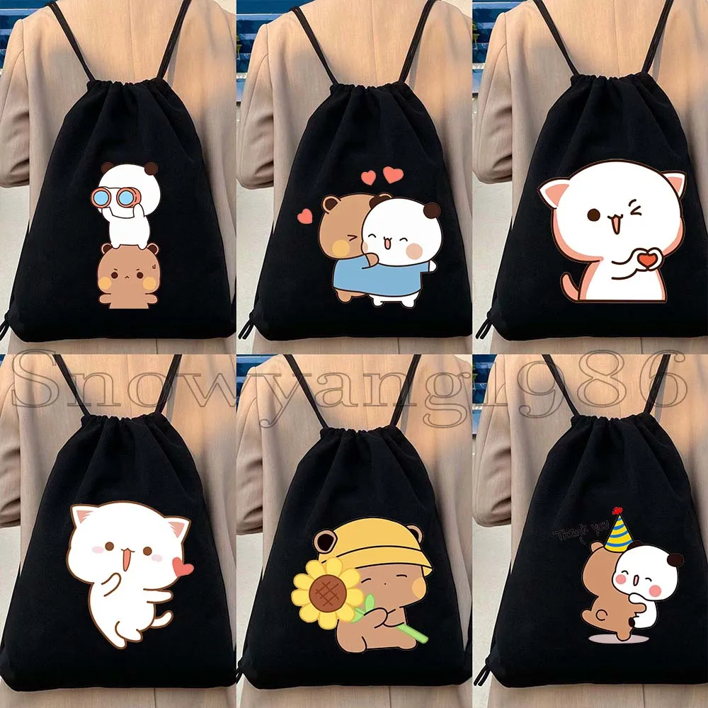 Aesthetic Cute Couple Bears Kawaii Animal Cartoon Lovely Printed Canvas Drawstring Bags Soccer Backpack Gym Sackpack String Bag