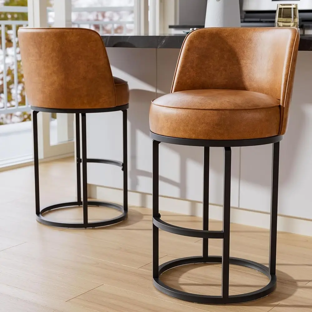 

Set of 2 26 Swivel Leather Bar Stools with Backs, Counter Height, Brown, Suitable for Kitchen Island or Dining Area