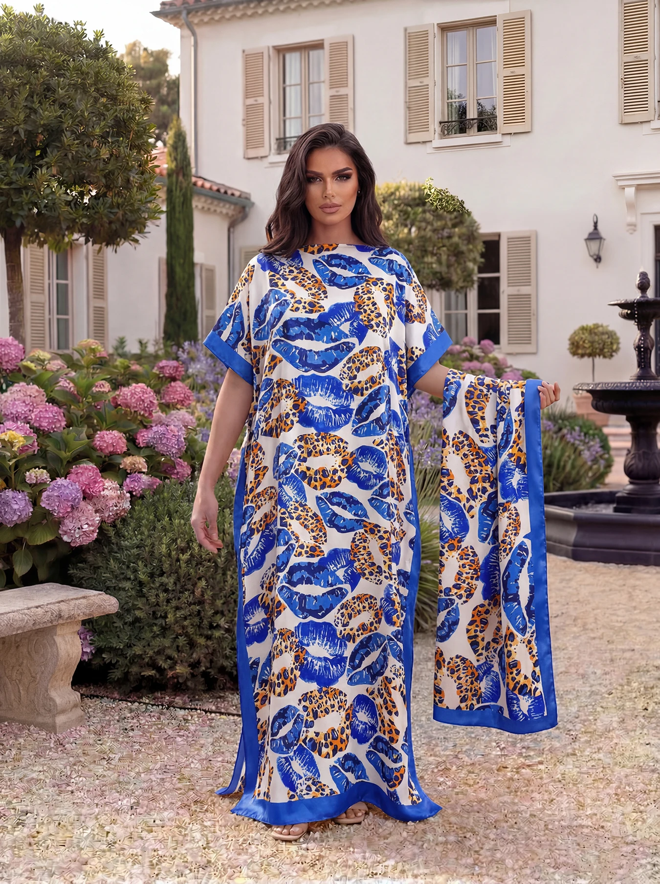 Lip Leopard Printed Dubai Casual Abaya With Scarf, Loose Batwing Maxi Kaftan Robe For African Muslim Women Daily Wear image 4
