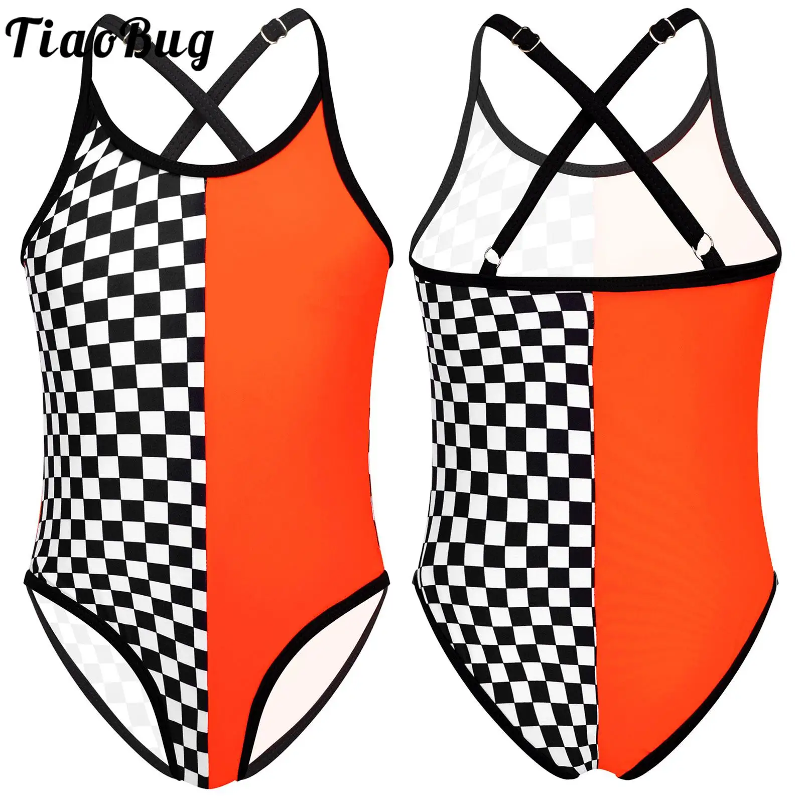 Orange Plaid Patchwork Swimwear for Kids Girls Sleeveless Backless Removable Chest Pads Checkerboard Print One-piece Swimsuit