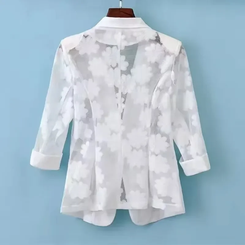 Pop Pop Chic Women Blazer Jacket Spring Summer New Thin Cardigan Sun Protection Clothing Hollow Lace Three-quarter Sleeve Suit T