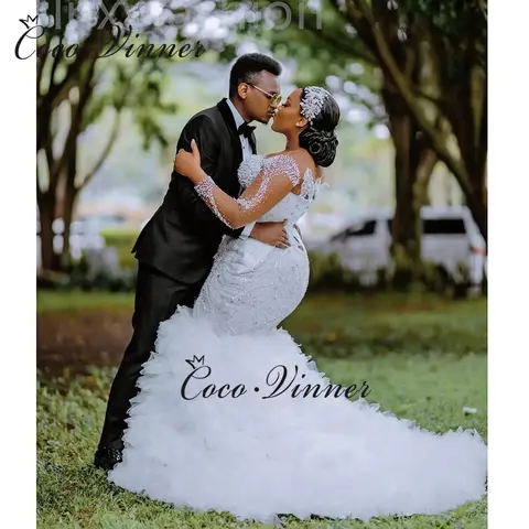 Anpassad Afrikansk Lyxig Sjöjungfru Bröllopsklänning För Kvinnor 2025 Ny Långärmad Med Tunga Pärlor Paljetter Spets Brudklänning W1381 10 best sales importerade bröllopsklänningar - №2