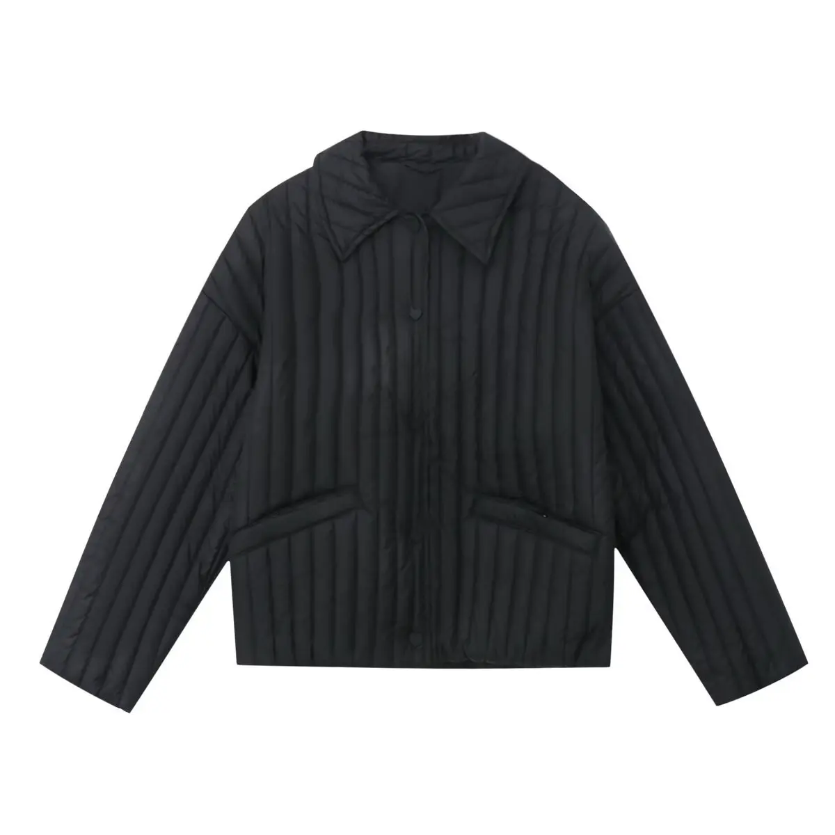 Chaqueta corta de algodón con botones en forma de corazón y solapa de rayas verticales holgadas a la moda de dos colores para mujer