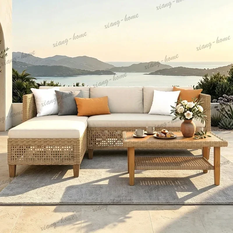 FG High Quality L Shaped Outdoor Wicker Sectional Sofa Set, Patio Furniture with Acacia Wood Coffee Table