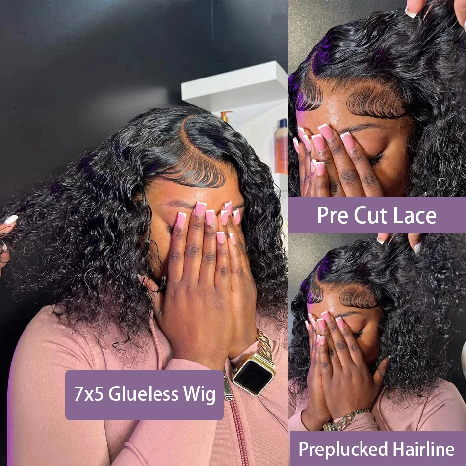 Pre Cut No Glue 13x4 Lace Frontal Wigs Transparent Curly Bob Wigs For Women Glueless Deep Wave 7x5 Lace Frontal Human Hair Wigs