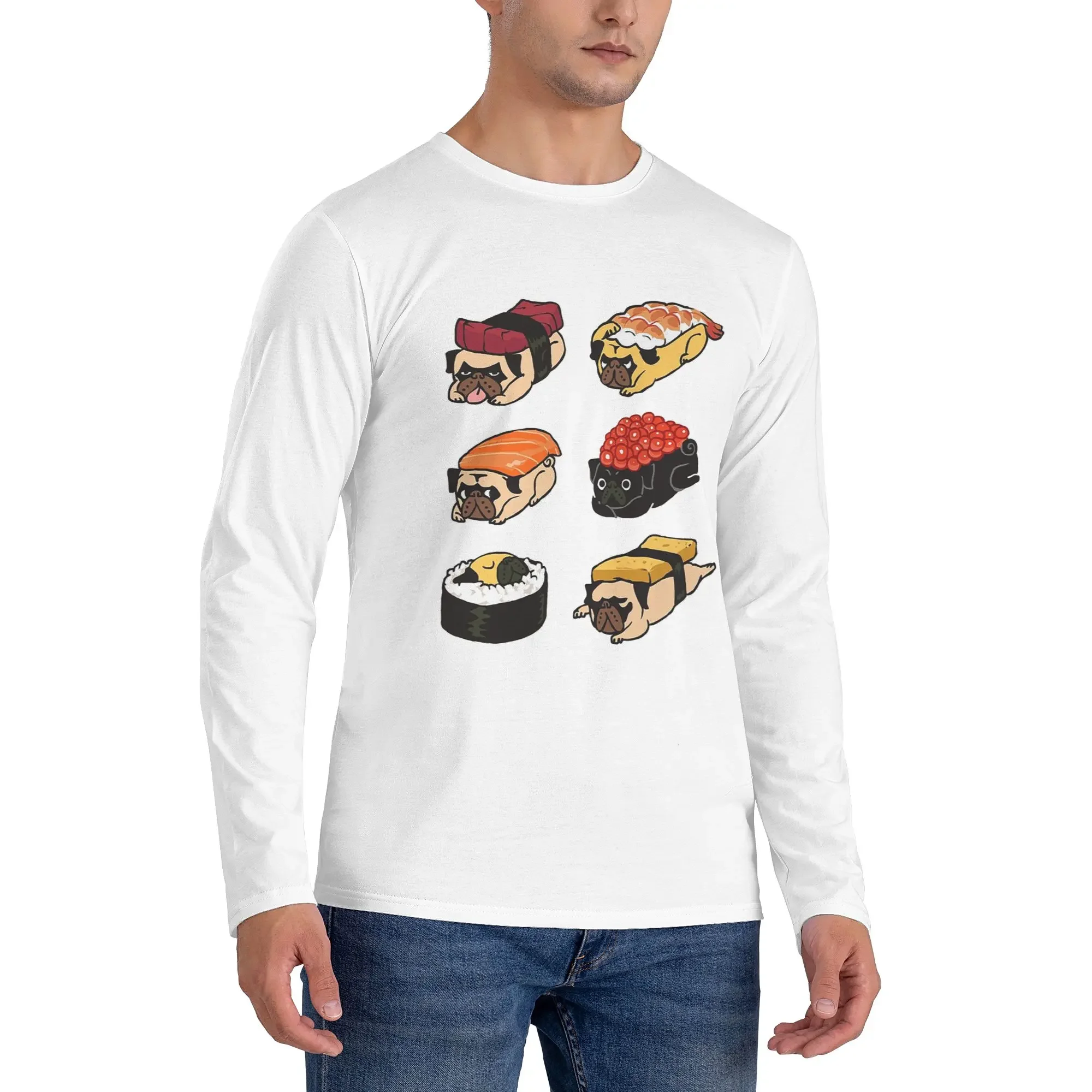 

Мужская футболка с длинными рукавами и мопсом Sushi, дышащие футболки с круглым вырезом, весенние и осенние мужские топы