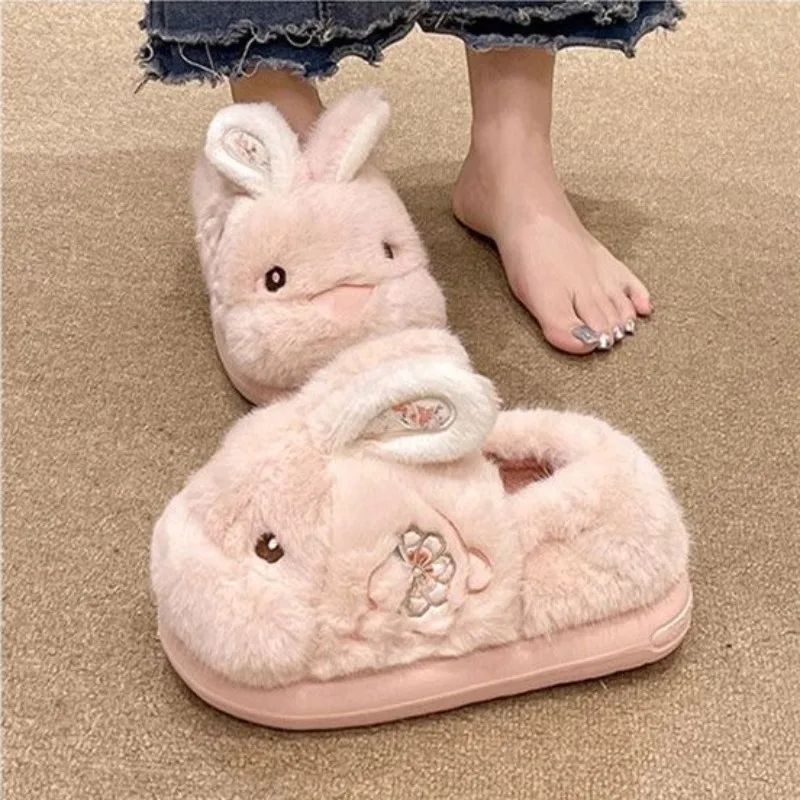 Winter New Cute Rabbit Plush Cotton Slippers for Women Anti-Slip Warm Heel-Covered Indoor Home & Outdoor Wearable