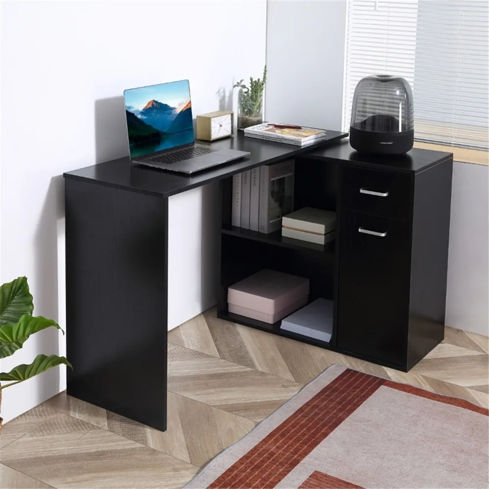 

46" Rotating L-Shaped Desk with Storage – Modern Black Design, P2 Particleboard, 154 lbs Capacity