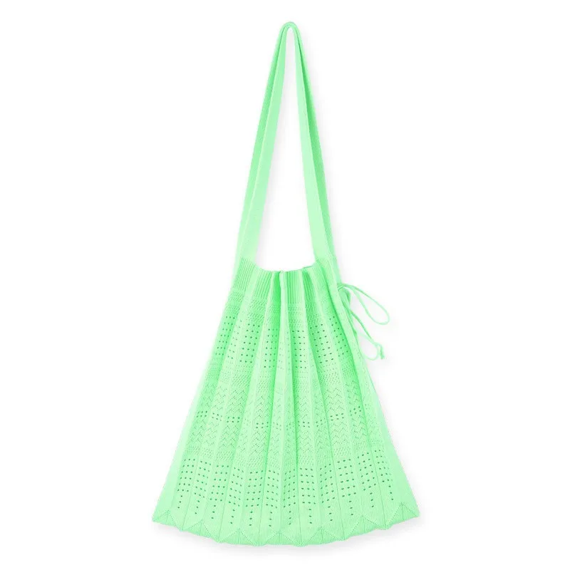 

Korean Style Hollow Pleated Knit Shoulder Bag Fresh Green Casual Foldable Tote Bag for Women Summer Beach Daily Use Bolsas