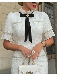 Elegant Dresses Women Fashion 2024 New Slim Short Sleeves Bow Ruffle Hem Beaded Fragrant Breeze White Dress Lady Office Clothes