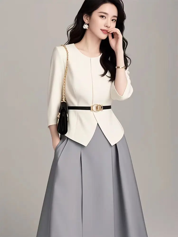 

New High End Small Fragrance Women's two pieces set temperament Fashion O-neck Slim Shirt Top + A-line Skirt Elegant Outfit OL