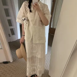 Summer Chic Retro Embroidered Hollow out Hook Flower Short Sleeve Top High Waist Versatile Half Skirt Set Fashionable Women's...