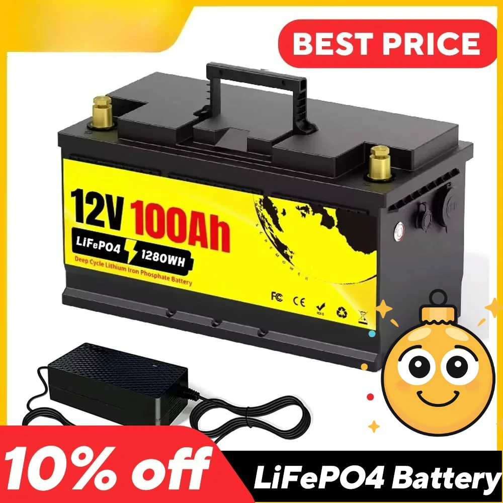 Аккумулятор LiFePO4 12В 100Ач, перезаряжаемые батареи со встроенной BMS, 1280Втч, 12.8В, литий-железо-фосфатный аккумулятор для кемперов, автодомов, солнечных систем