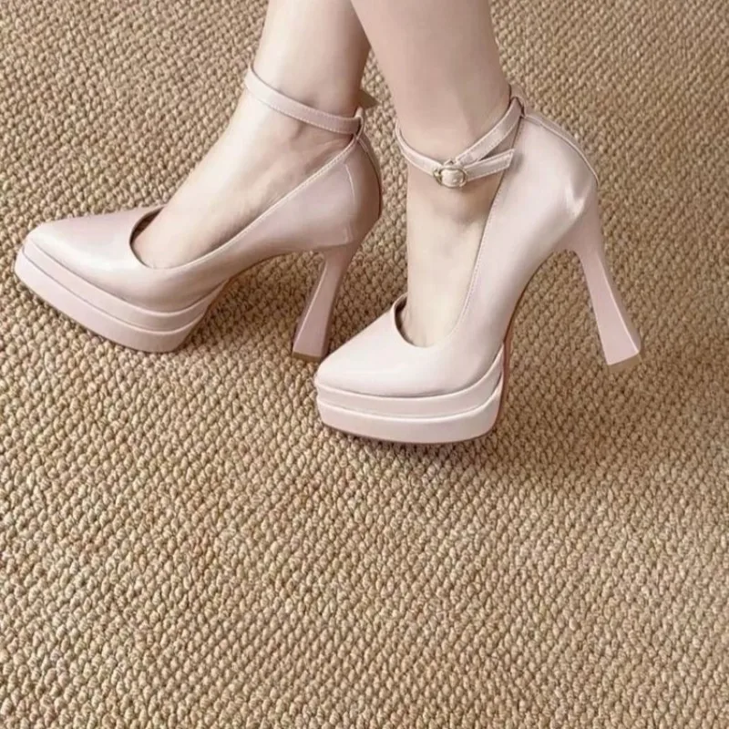 New Patent Leather One-Line Platform Mary Jane Shoes New Super High Heel Non-Tired Feet Block Heel High Heels