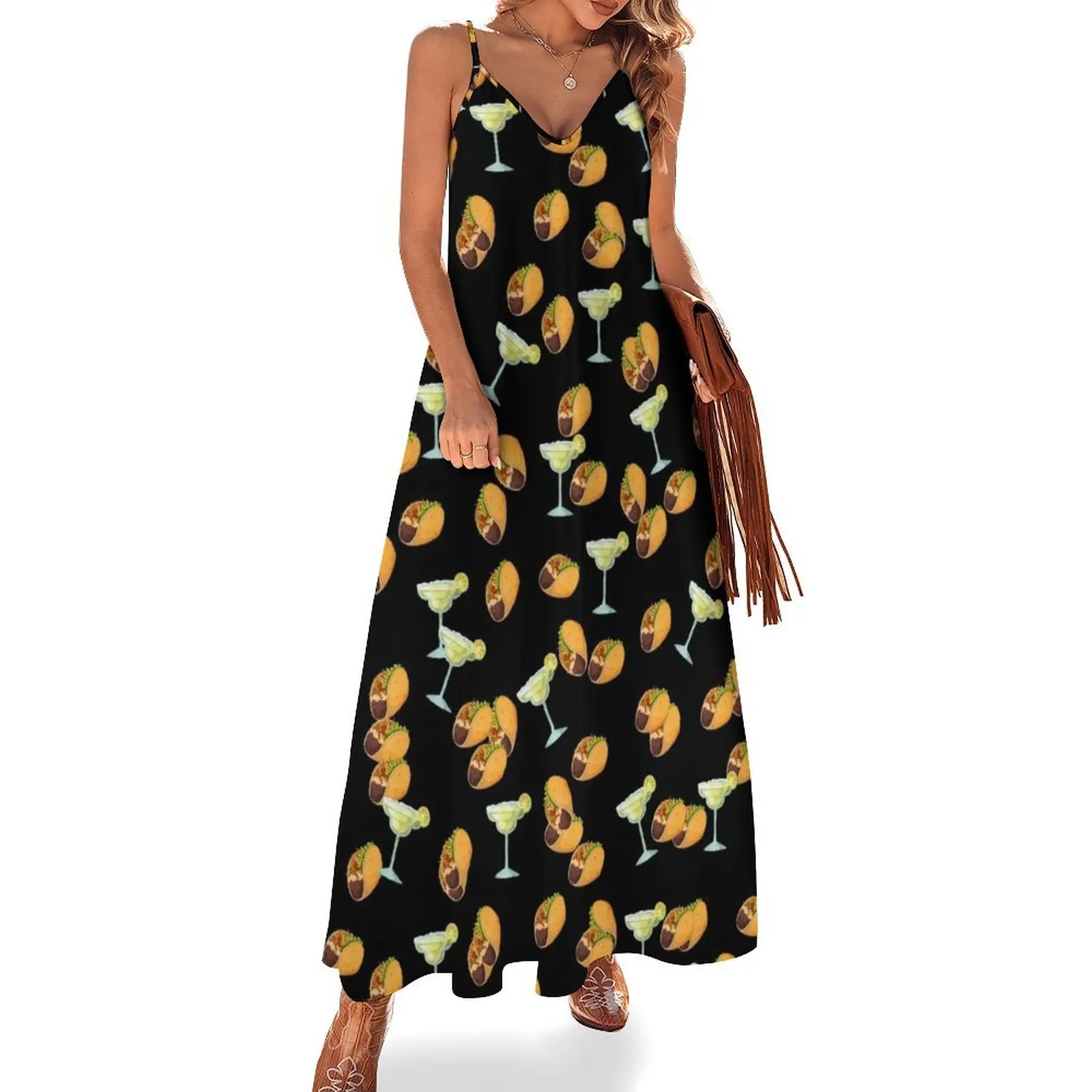 Margaritas and Tacos Fun Mexico Beach Design Black Sleeveless Long Dress women long dresses Dress vintage Dress