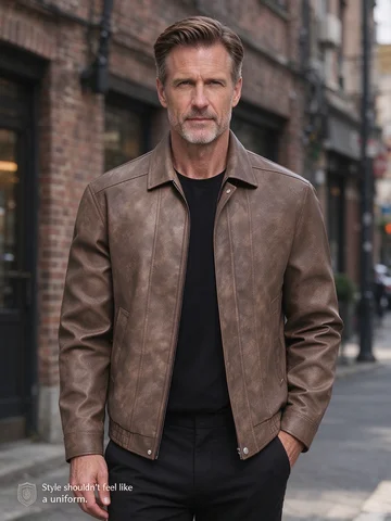 Men Retro Faux Leather Jacket, Designer Streetwear Lapel Zip Up Outerwear, High End Casual Men's Jacket For Men Outdoor Wear
