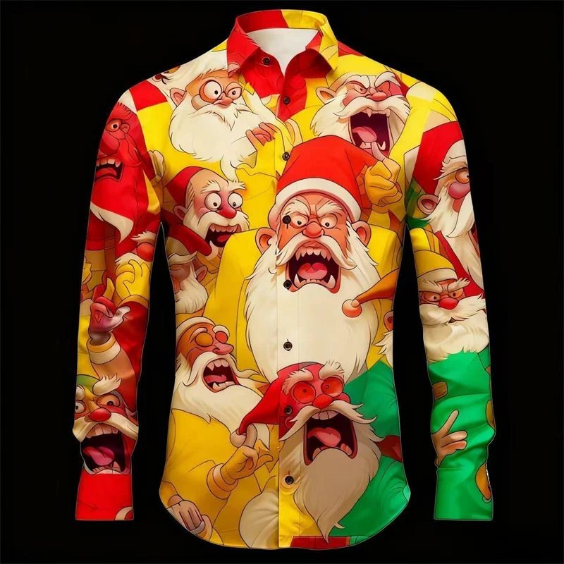

2025 Christmas Elements Retro Twelve Colors Santa Claus Printed Men's Long Sleeve Shirt Party Family Gift