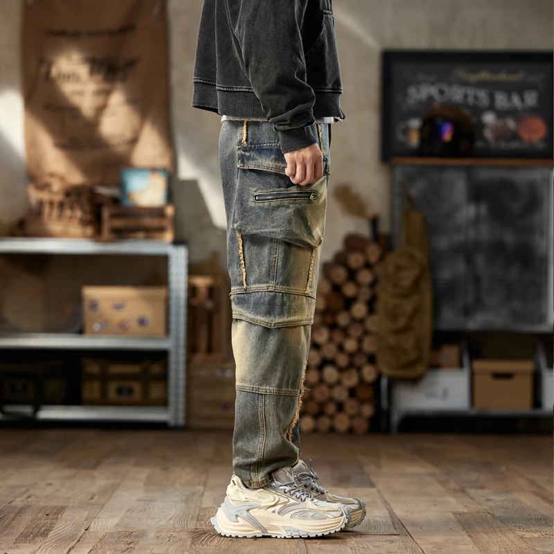 American retro autumn and winter washed new loose and personalized workwear with multiple pockets men's pants jeans men