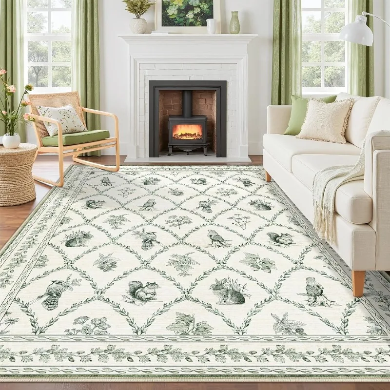 

Retro Pastoral Style Living Room Carpet Cream Style Animal Plant Print Bedroom Rug Machine Washable Non-slip Coffee Table Mat 러그