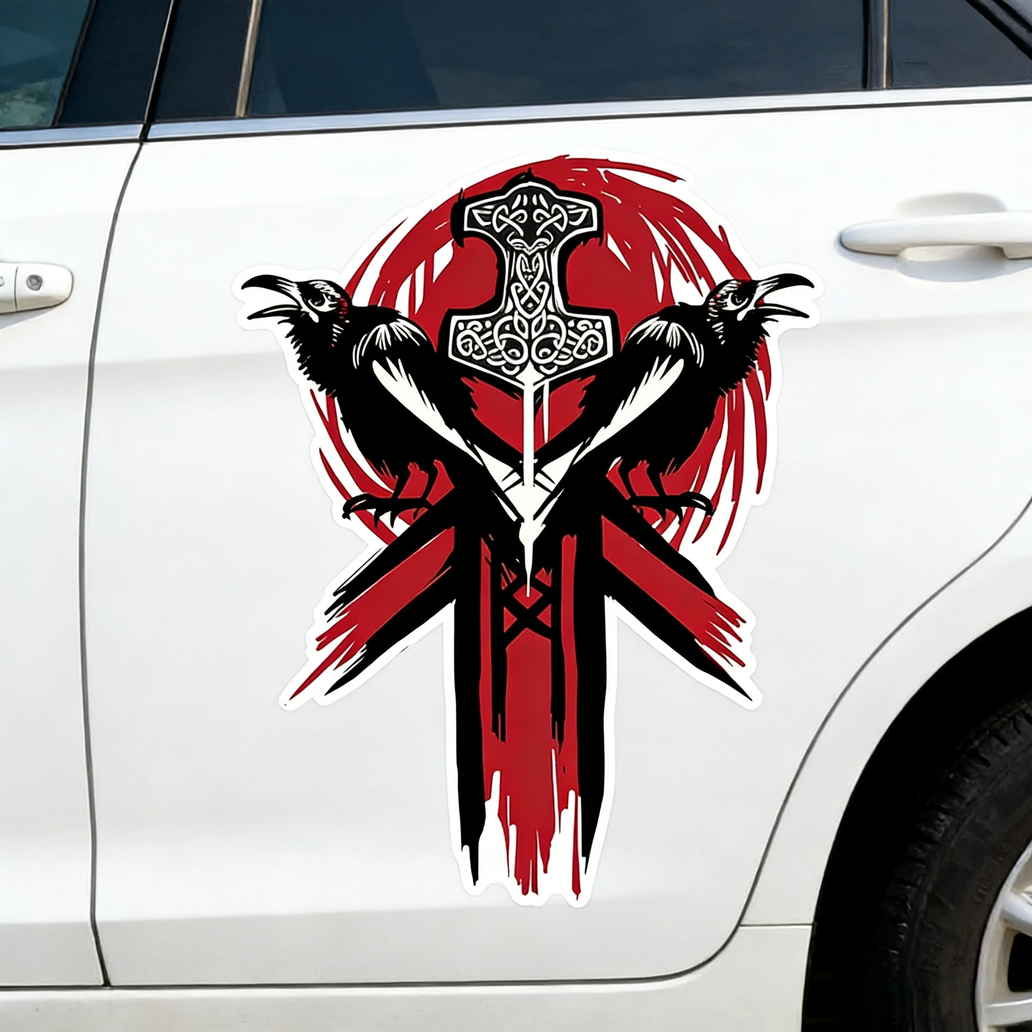 

Norse Mythology Odin Ravens Mjolnir Car Decal Self-Adhesive Waterproof Durable Sticker for Car Body Rear Window Styling